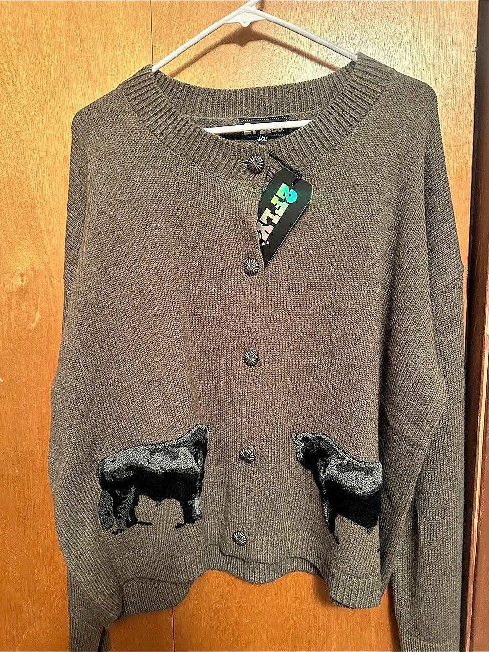 New Size L/XL 2Fly Co Brown Embellished Cardigan with angus bull accent and Conc